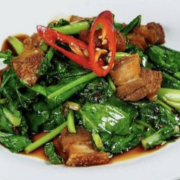 Stir Fry Green Veggies with Crispy Pork Belly (Kha Na Moo Korb)